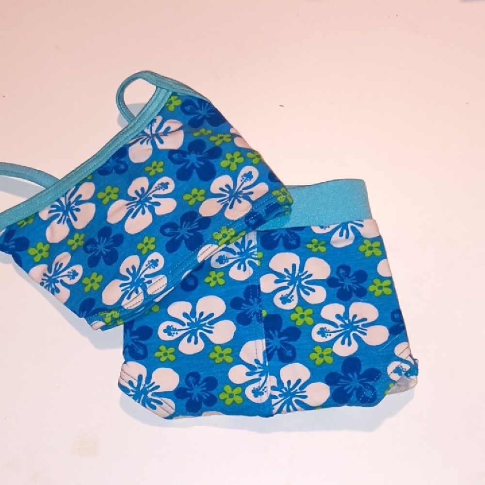 Studio Blue and Green Floral Girl's Swimsuit with Sarong